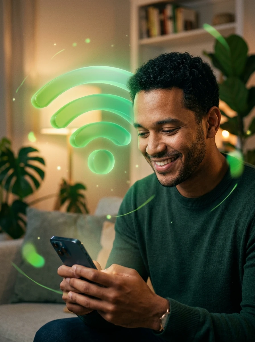 Pessoa sorrindo ao usar o celular com internet estável da RaioLink em Paracuru